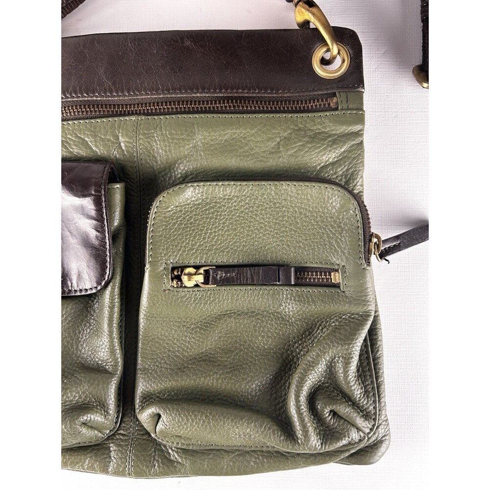 Americana by Sharif Vintage Army Green & Brown Leather Crossbody Gold Lions Gate - Picture 3 of 11